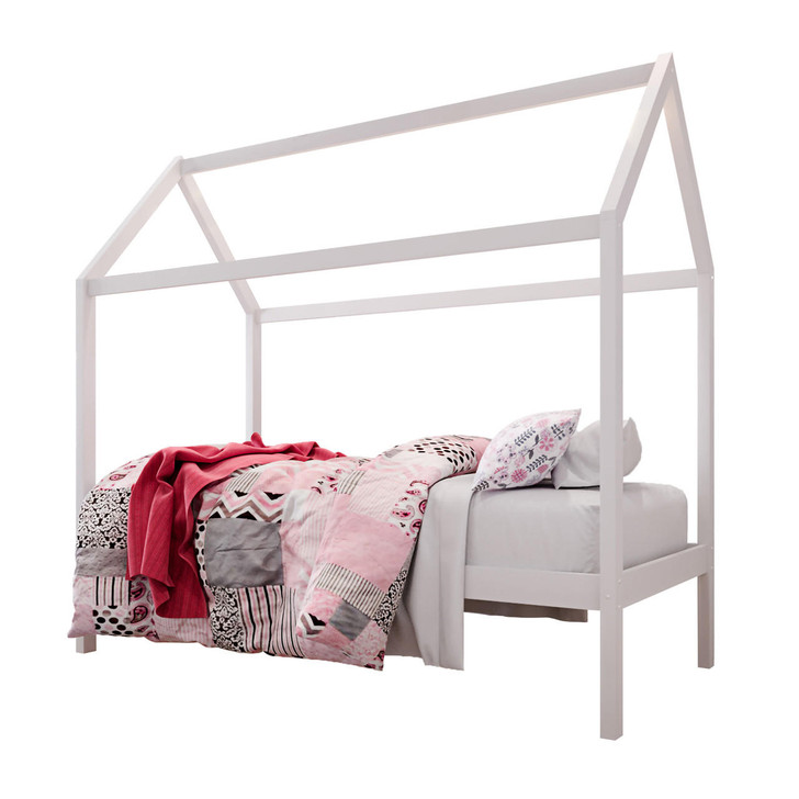 Doris Solid Pine Timber Single House Bed For Kids - White