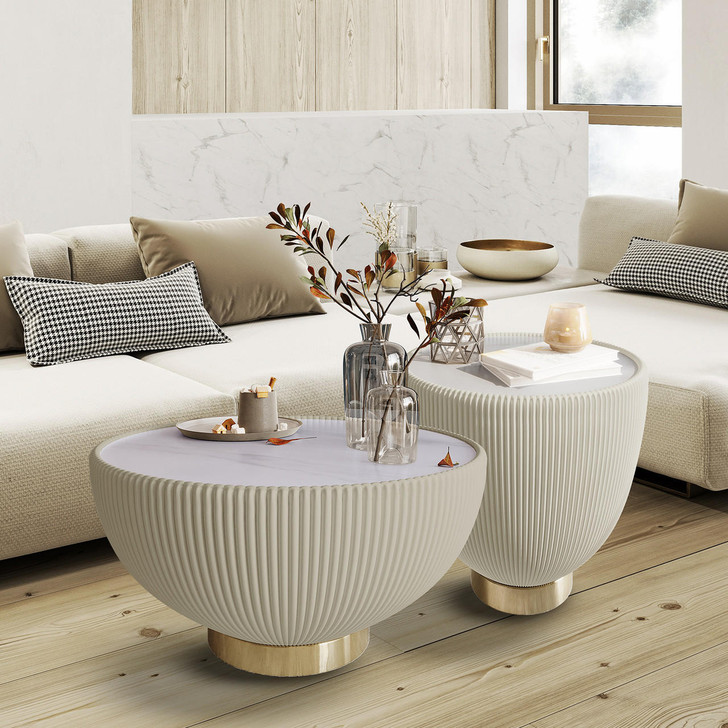Glalie Sintered Stone Coffee Table Set - Cream White - Lifestyle