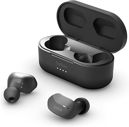 Compact Bluetooth earbuds with portable charging case.
