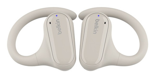 Belkin SoundForm ClearFit open-ear wireless earbuds in sand color.