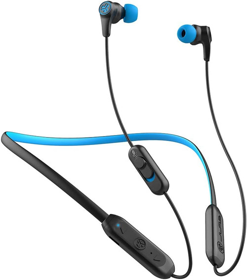JLab Play Gaming true wireless earbuds in black and blue.