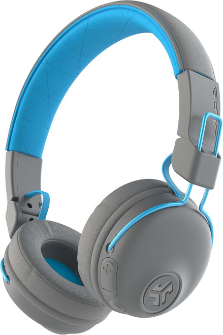 JLab Studio wireless on-ear headphones in gray and blue.