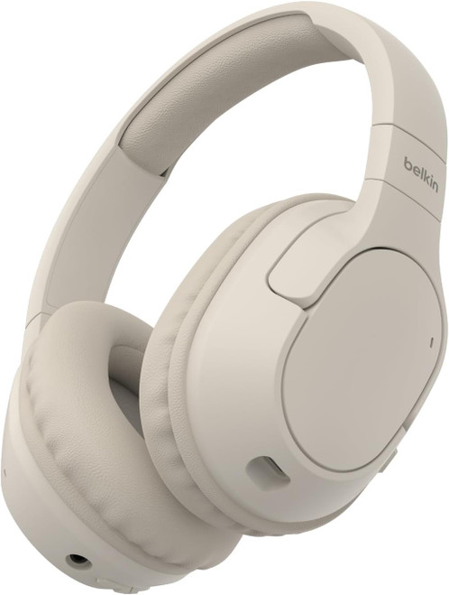 Belkin SoundForm Surround wireless over-ear headphones in sand.