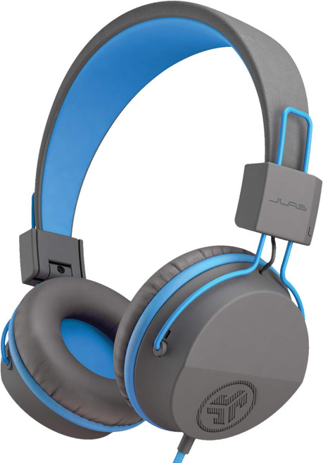 JLab JBuddies Studio wired kids headphones in gray and blue.