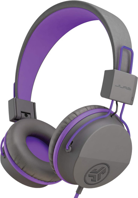JLab JBuddies Studio wired kids headphones in Graphite/Purple.