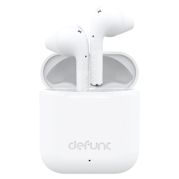 Defunc TRUE GO Slim fully wireless earbuds in white with compact charging case.
