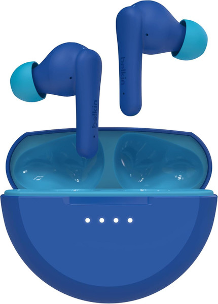 Belkin SoundForm Nano 2 wireless earbuds in vibrant blue color.