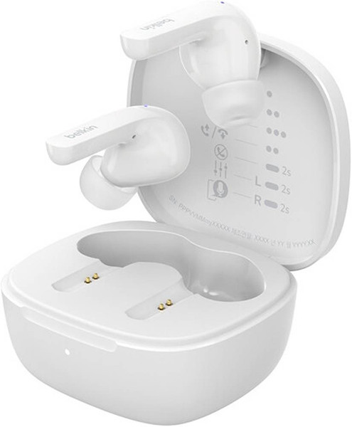 Belkin SoundForm Motion true wireless earbuds in white color.
