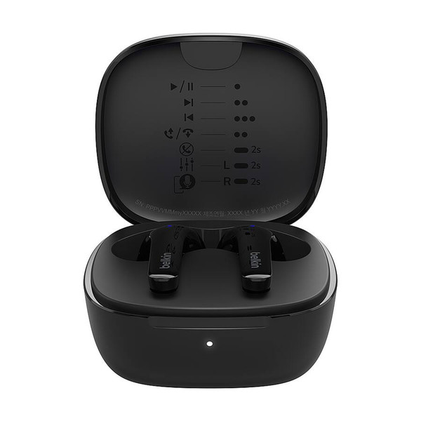 Belkin SoundForm Motion true wireless earbuds in black color.