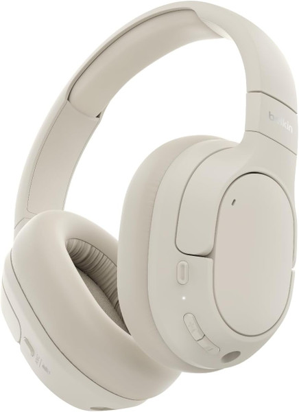Belkin SoundForm Isolate wireless headphones in sand.