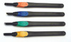 4 piece wood carving set.  Features plastic comfort grips. Includes straight, bevel, triangle and arc blade shapes. Great for detailed work with wood, plastics, rubber, etc.