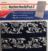 Machine Needle Pack is a compact caddy for sorting and storing machine needles.  Sort up to 117 used needles by type and size.  Store up to 6 new needle cases.  Tag needle in use with the handy large-ball pin.
