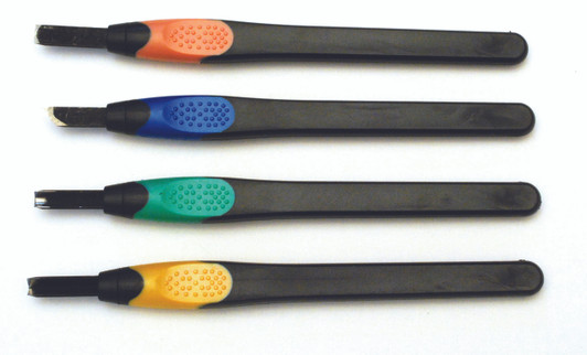 4 piece wood carving set.  Features plastic comfort grips. Includes straight, bevel, triangle and arc blade shapes. Great for detailed work with wood, plastics, rubber, etc.