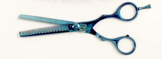 6 inch Professional texturizing trimming shears with adjustable blade.  Blue titanium-coated.  Wave-teeth for precise cutting.  Comes with free carry-case.