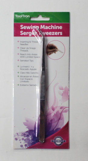 Sewing Machine Tweezer.  Inserting and threading needles. Clear up snags and threads.  Secure lock.  Serrated tips.  Reach into areas with limited space.