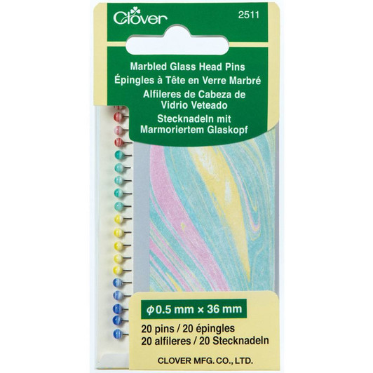 The Marbled Glass head Pins are good for general pinning.  
They are similar to quilting pins but shorter and finer. 
The pins come in an assortment of red, yellow, green and blue marble. 
The glass head pins are heat resistant. 