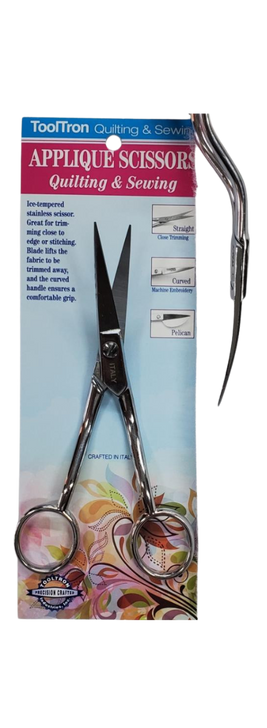 5 1/2" Machine Applique Scissors, Curved Tip Made in Italy.
Cuts to the tip.
Great for machine embroidery and close thread and fabric cuts.