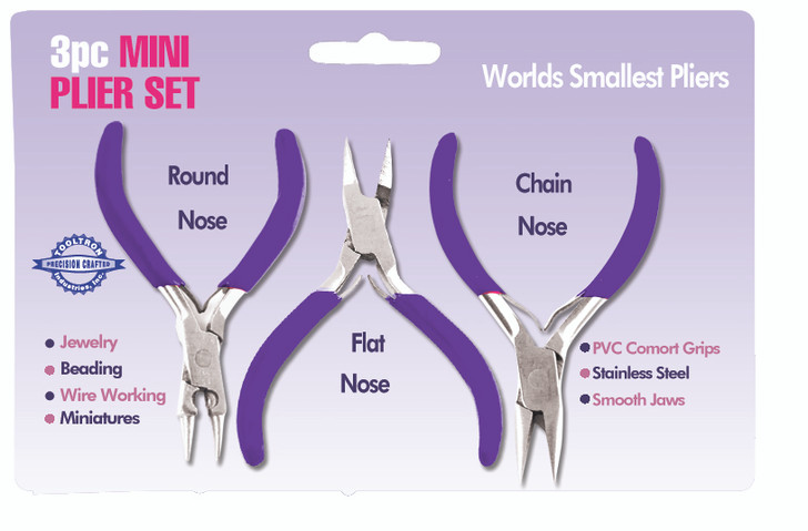 Contains a round nose, flat nose and a chain nose.  World's smallest pliers!