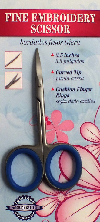 3.5 inches.  Curved tips.  Cushion finger rings for increased comfort.  Made in Italy.  Great for all sewing projects.