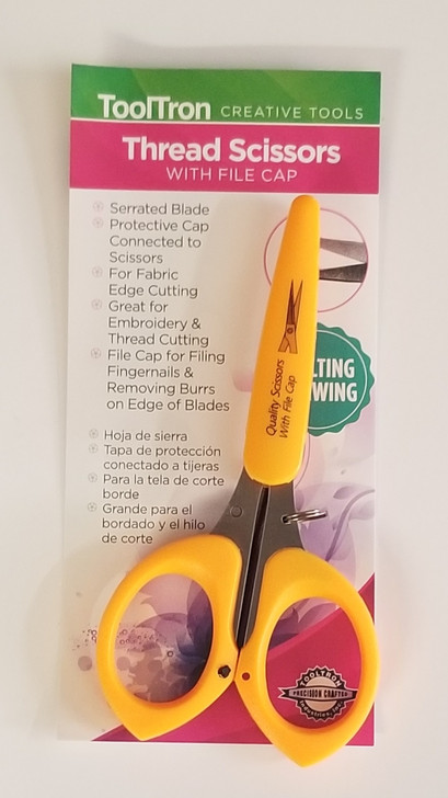 Serrated blade to avoid slippery fabric during cutting.  Protect cap is connected to scissors by elastic rope to avoid losing.  For fabric edge cutting, embroidery and for thread.