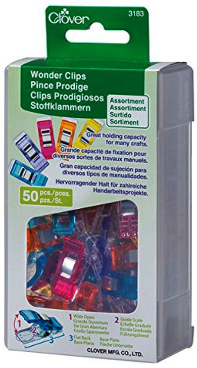 These Clover 3183 assorted color Wonder Clips (Rainbow 50 pack) are ideal for seam binding and many other crafts. They are easy to see and find if dropped on the floor. They open wide to accommodate several layers of fabric. Because they eliminate pinning, they are perfect for Vinyl's and laminates.