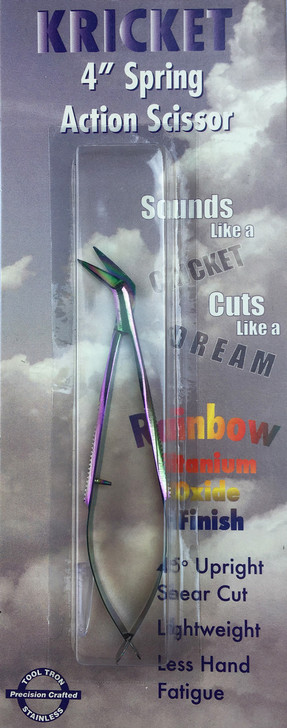 4 inch spring-action scissor.  Sounds like a cricket, cuts like a dream.  Rainbow titanium oxide finish.  45 degree upright shear cut, lightweight less hand fatigue