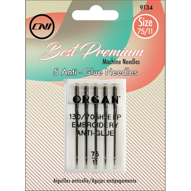 The Anti-Glue needles have a slight ball point for use on all types of fabric. Industry unique coating allows extensive sewing and embroidery using spray adhesives and sticky back stabilizers without danger of fouling the needle groove and shaft.