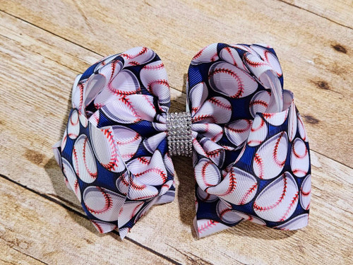 6" Double Blue Baseball Bling Bow