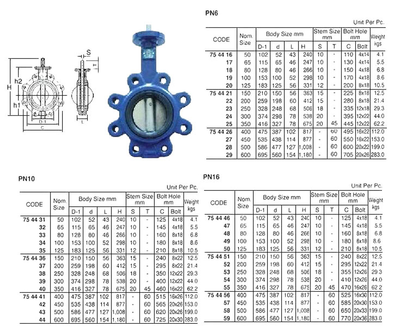 IMPA 754419 Lug Butterfly Valve - Ductile Iron - Bronze Disc - NBR Seat - DIN PN6 - lever operated 100