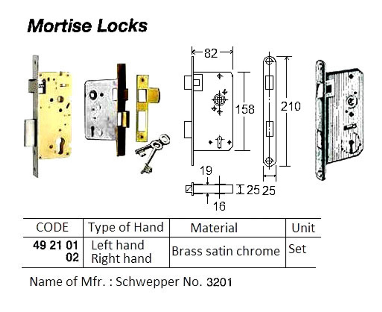 IMPA 492102 MORTISE LOCK WITHOUT HANDLE BRASS (backset 55mm) RIGHT
