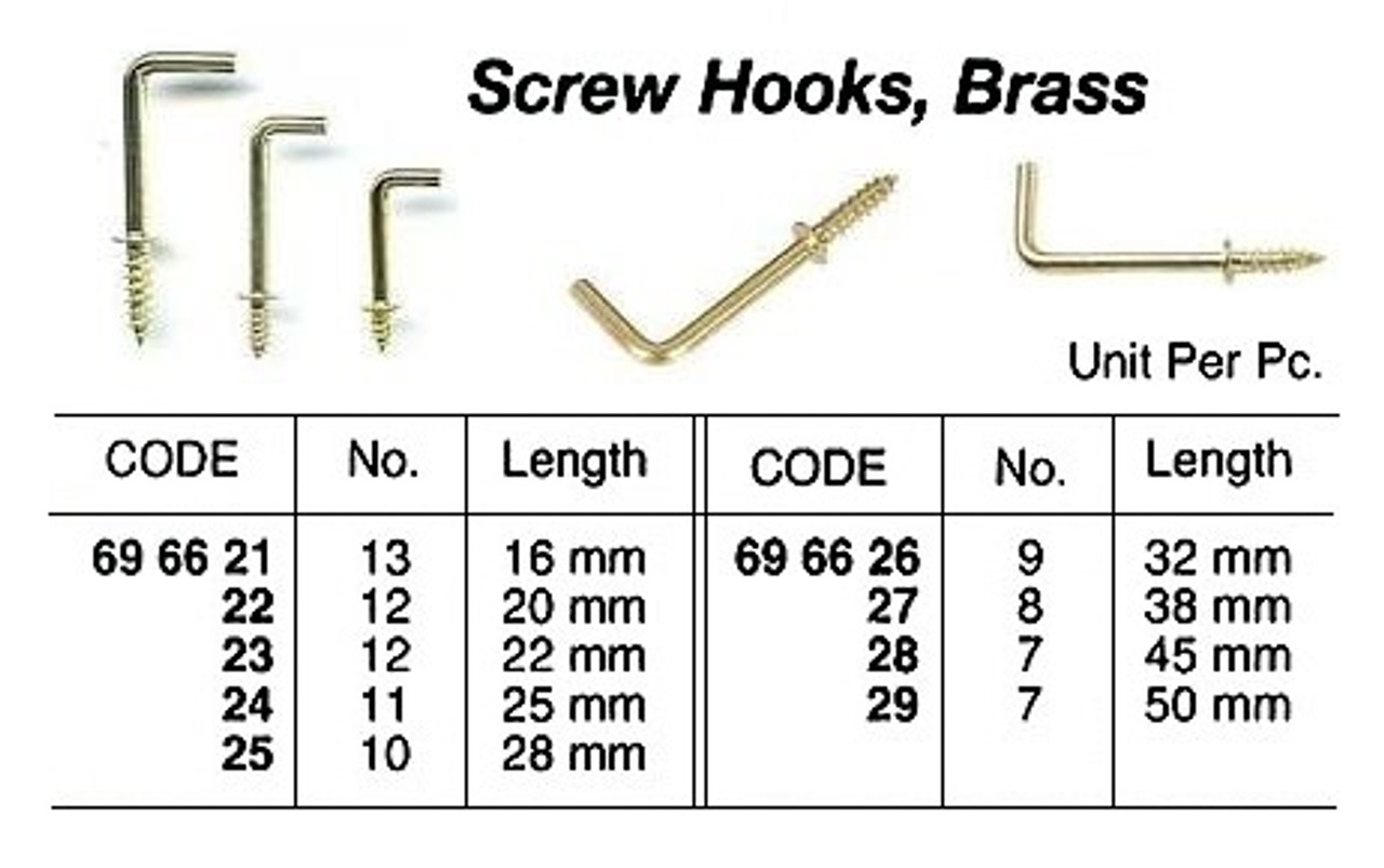 SCREW HOOK BRASS NO.12 22MM - IMPA 696623