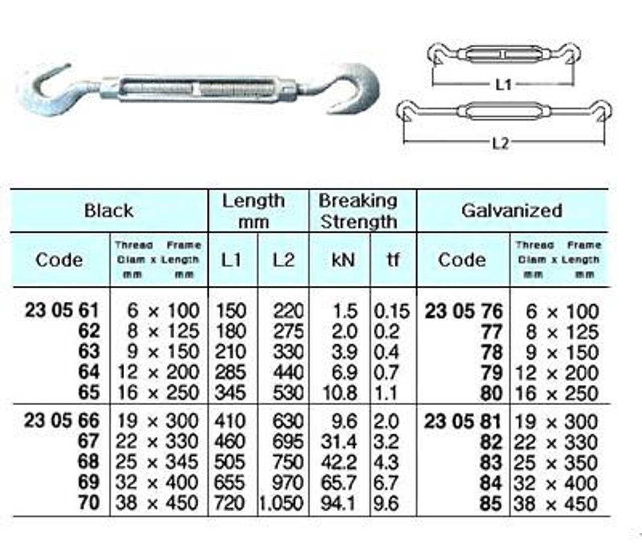 IMPA 230563 TURNBUCKLE OPEN TYPE GALV. M10x150mm  HOOK+HOOK