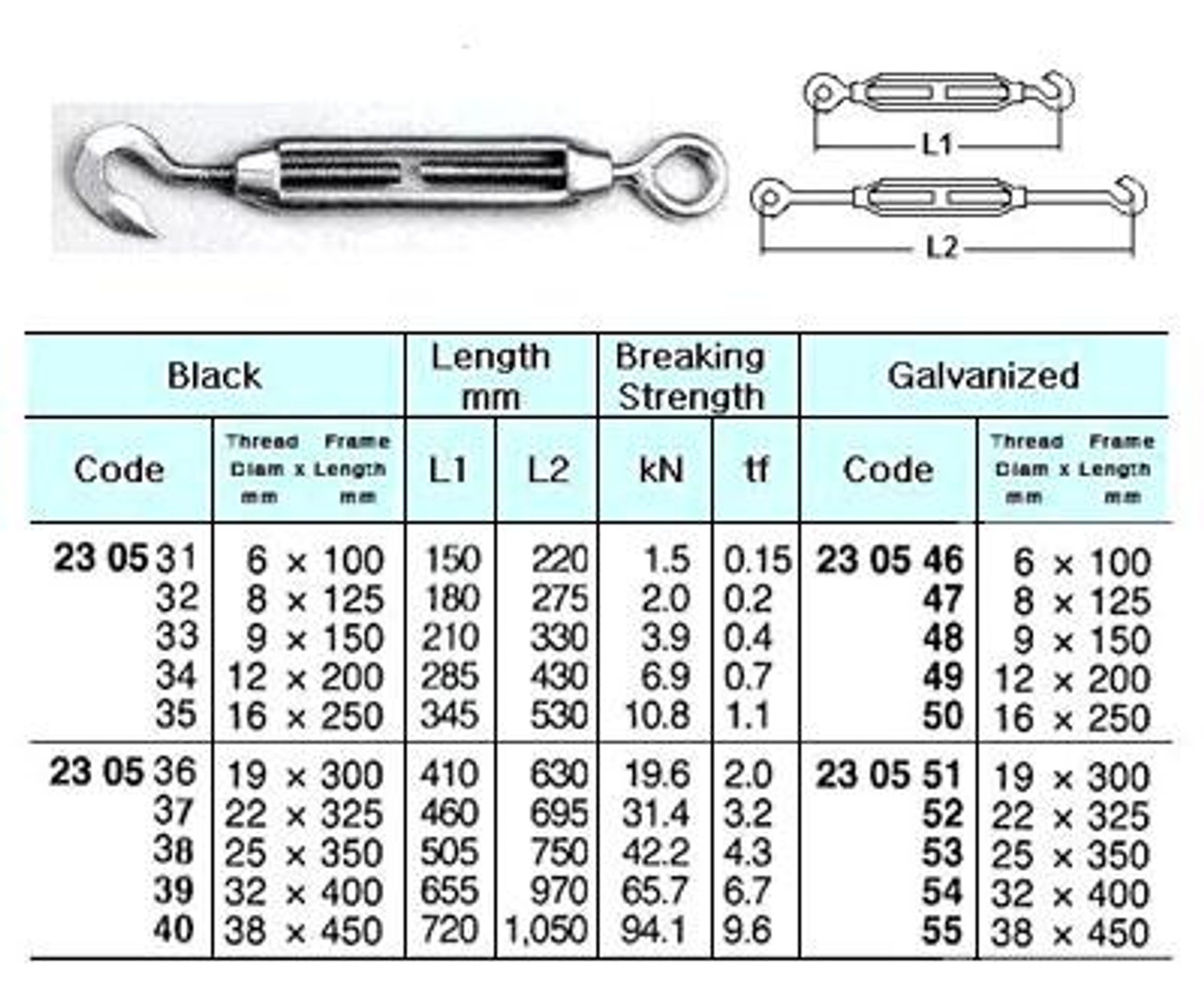 IMPA 230536 TURNBUCKLE OPEN TYPE GALV. M20x300mm HOOK+EYE