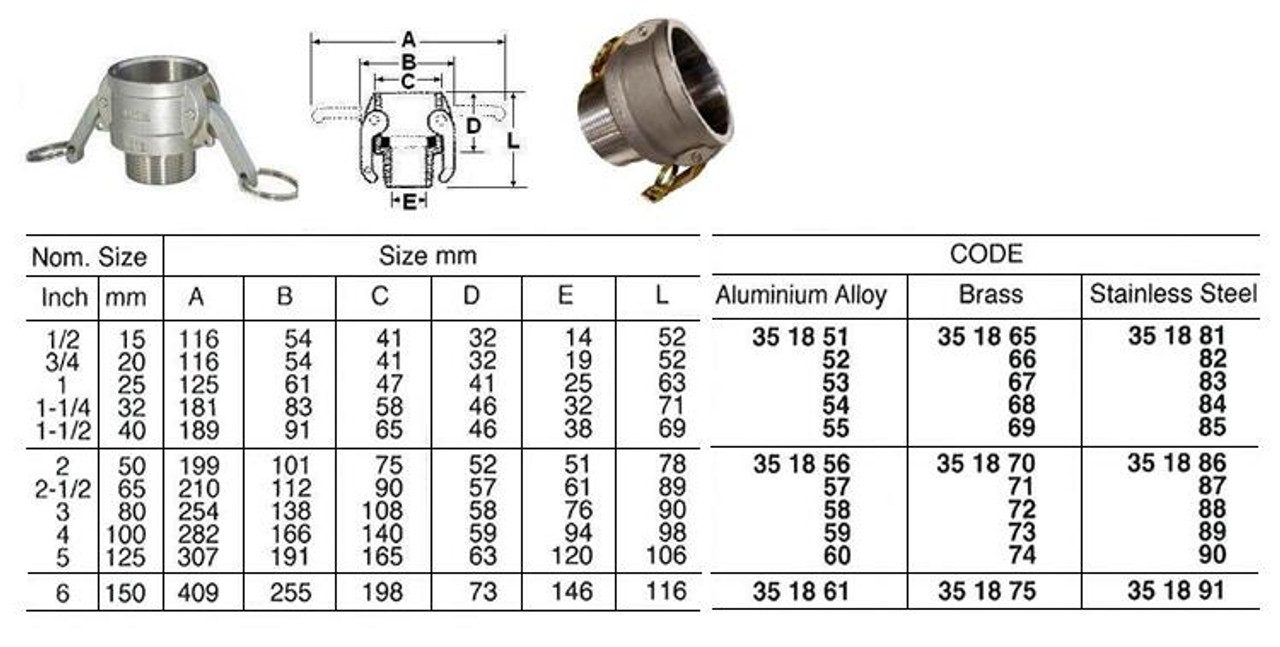 IMPA 351855 Cam and groove coupler - material aluminium Type B (female part with outer thread) - connection 1 1/2"