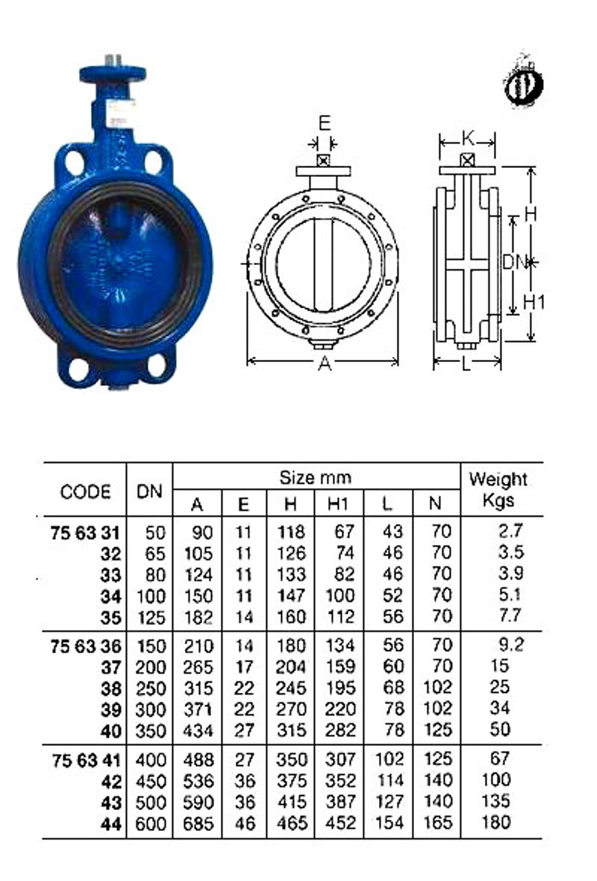 IMPA 756337 Wafer Butterfly Valve - Ductile Iron - Bronze Disc - NBR Seat - gear operated 200