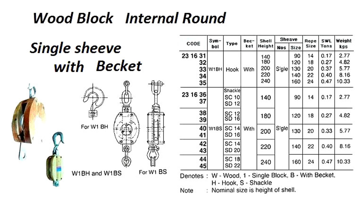 IMPA 231632 WOODEN BLOCK 1-SHEAVE 7" 18mm SWIVEL HOOK+ACCESSORIES
