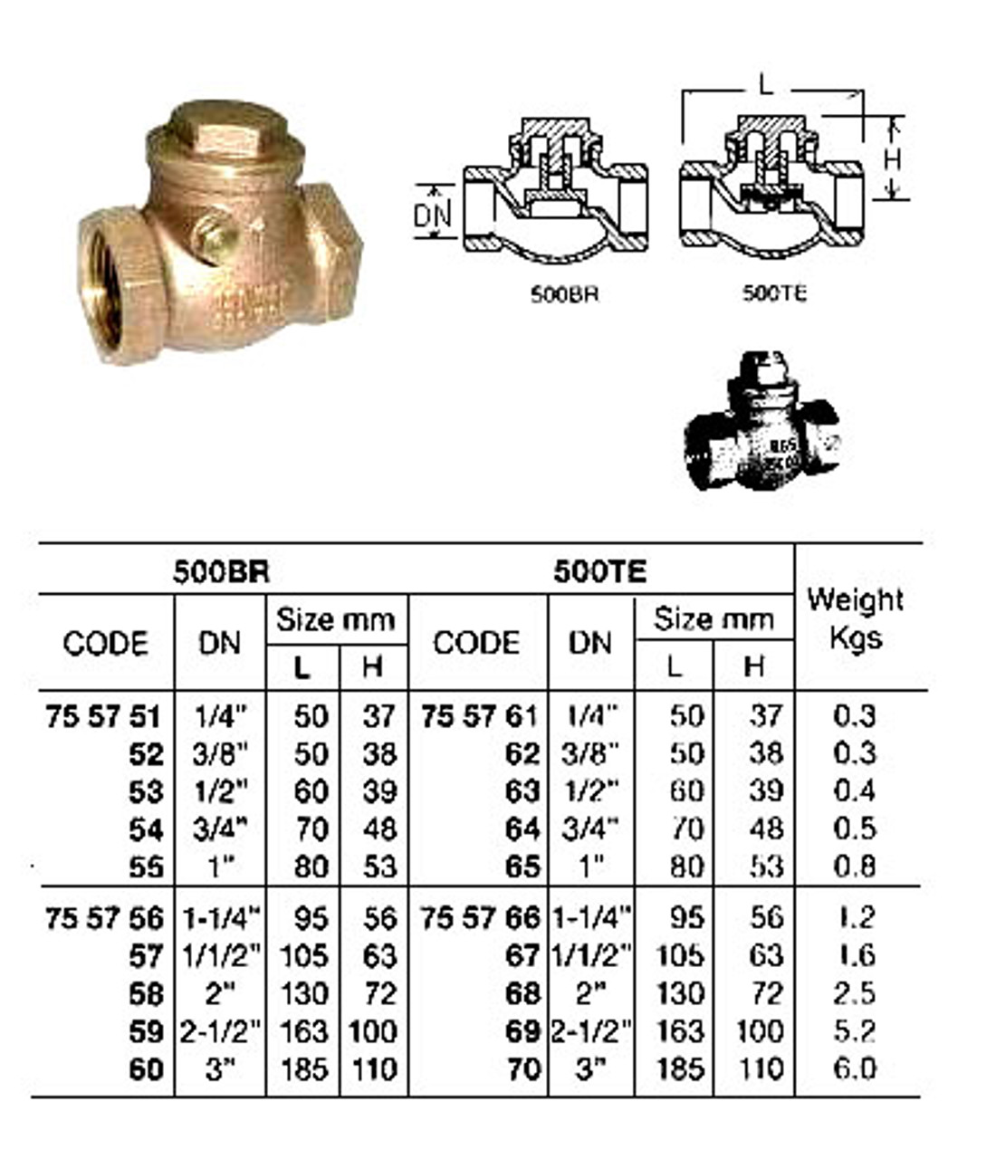 IMPA 755758 CHECK VALVE BRASS BSP FEMALE HORIZONTAL 2" 105 MM