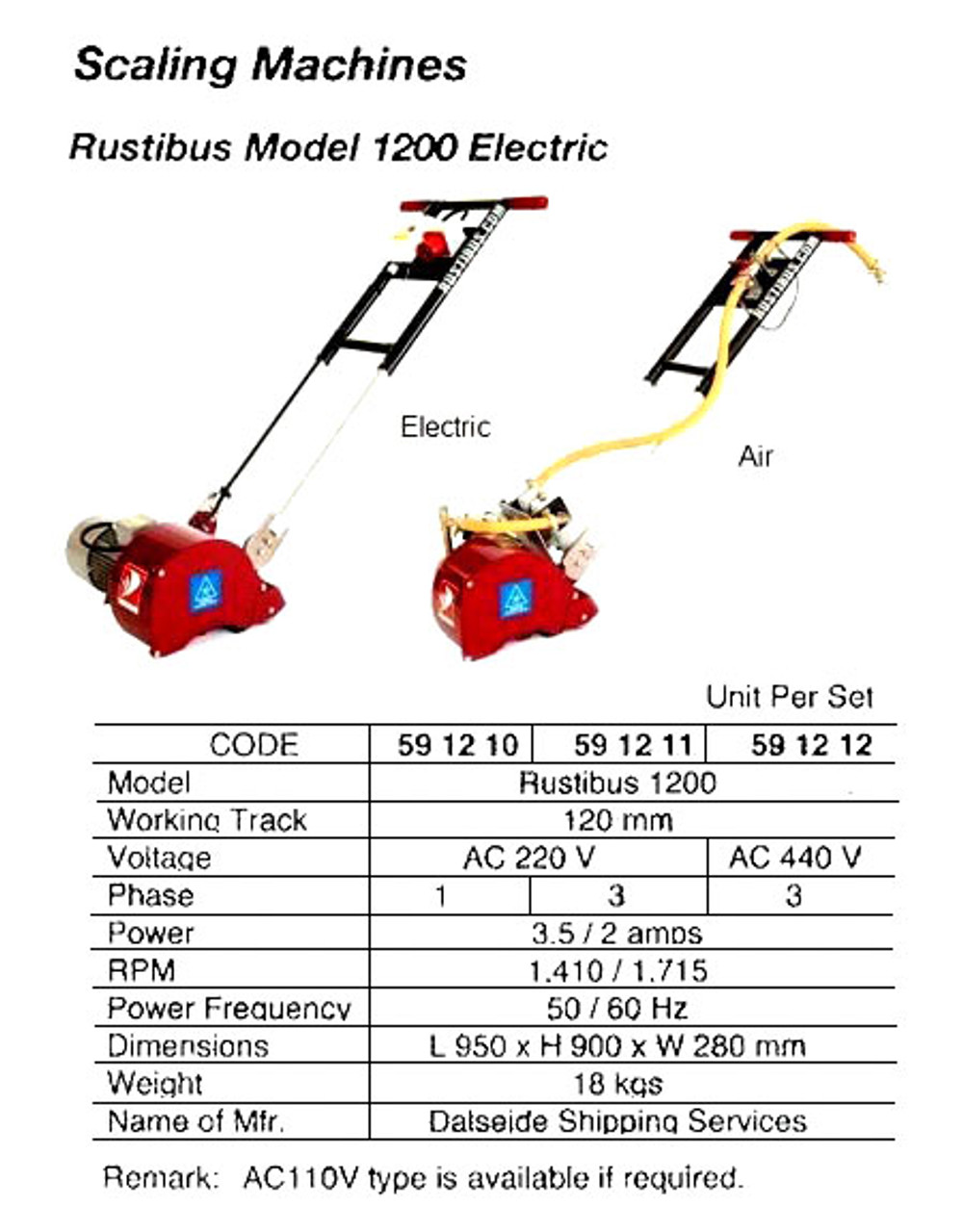 IMPA 591211 Deck scaler electric Rustibus 1200 (220 volt / 3Ph) - NO STOCK