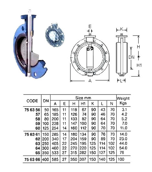 IMPA 756359 Monoflange Butterfly Valve - Ductile Iron - Bronze Disc - NBR Seat - DIN PN10/16 - long serie - lever operated 100