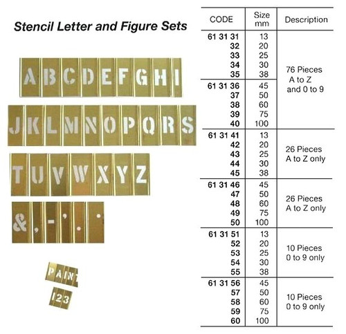 IMPA 613136 STENCIL LETTER & FIGURE SET 50mm BRASS (A-Z+0-9) 76pcs
