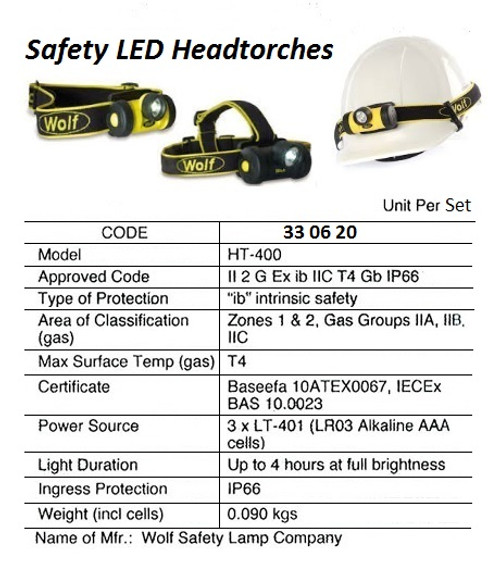 IMPA 330620 Wolf HT-400, Intrinsic Safe LED headlamp zone 1 & 2, ATEX approved, inc. 3 AAA batteries Wolf