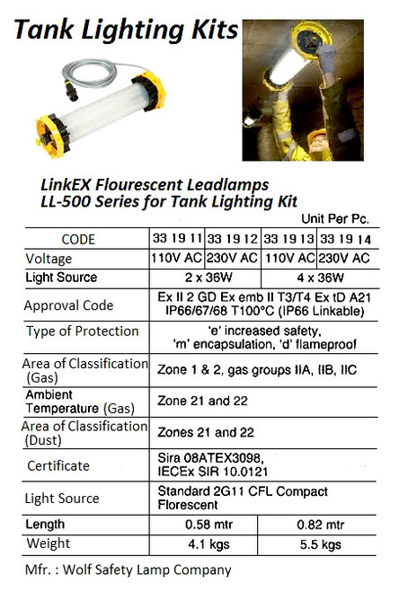 IMPA 331913 Wolf LL-560, ATEX fluorescent leadlamp 110V, 4 x 36 W Linkable with 10 m cable Wolf