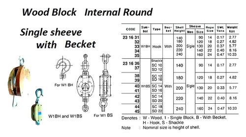 IMPA 231636 WOODEN BLOCK 1-SHEAVE 5" 14mm SWIVEL EYE+ACCESSORIES