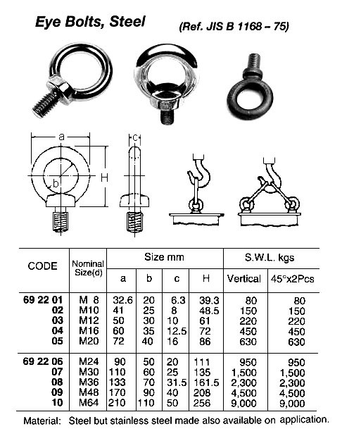 IMPA 692205 EYE BOLT M20 DIN 580-STEEL ZINC PLATED