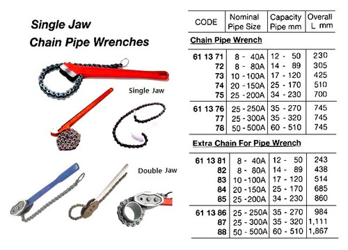 IMPA 611374 WRENCH PIPE CHAIN 600mm SINGLE JAW cap.pipe 170mm