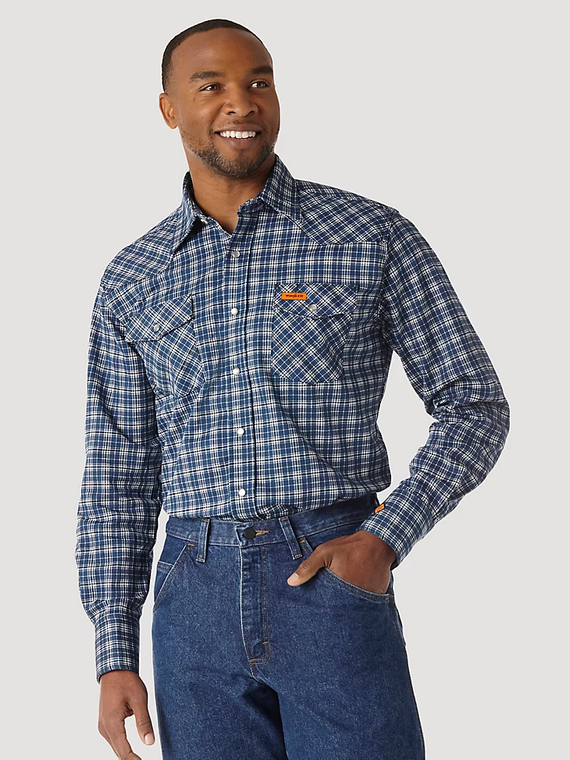 WRANGLER® FR LONG SLEEVE WESTERN SNAP PLAID SHIRT BLUE