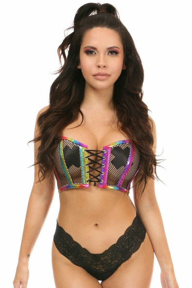 Shop Daisy Corsets Lingerie & Outerwear Corsetry-Lavish Rainbow PVC Glitter & Fishnet Lace-Up Short Bustier Top