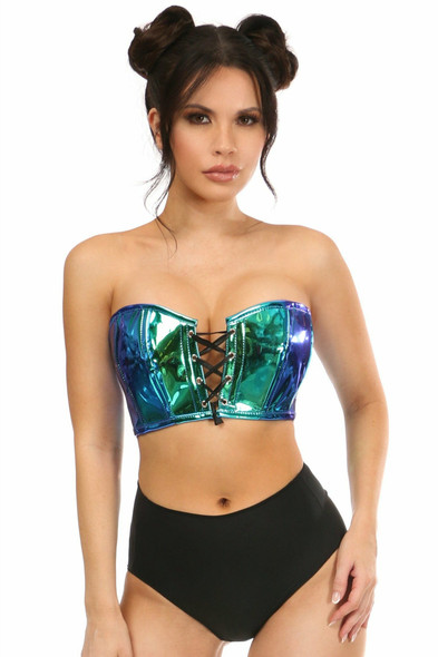 Shop Daisy Corsets Lingerie & Outerwear Corsetry-Lavish Teal/Blue Holo Lace-Up Short Bustier Top