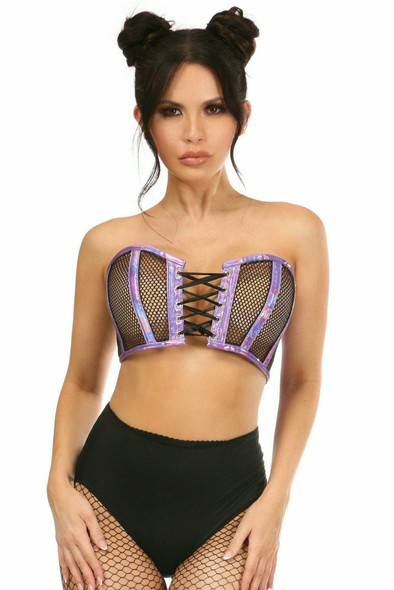 Shop Daisy Corsets Lingerie & Outerwear Corsetry-Lavish Purple Holo & Fishnet Lace-Up Short Bustier Top