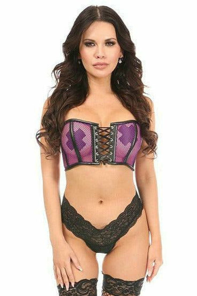 Shop Daisy Corsets Lingerie & Outerwear Corsetry-Lavish Purple Fishnet & Faux Leather Lace-Up Short Bustier Top